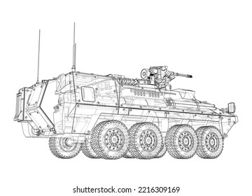 Armored personnel carrier. Vector rendering of 3d. Wire-frame style. The layers of visible and invisible lines are separated