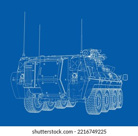 Armored personnel carrier. Vector rendering of 3d. Wire-frame style. The layers of visible and invisible lines are separated