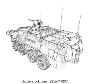 gepanzerter Personalträger. Vektorgrafik von 3d. Wire-Frame-Stil. Die Schichten sichtbarer und unsichtbarer Linien sind getrennt