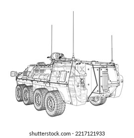 gepanzerter Personalträger. Vektorgrafik von 3d. Wire-Frame-Stil. Die Schichten sichtbarer und unsichtbarer Linien sind getrennt
