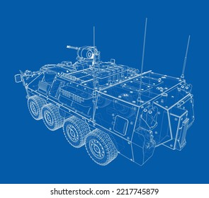 Armored personnel carrier. Vector rendering of 3d. Wire-frame style. The layers of visible and invisible lines are separated