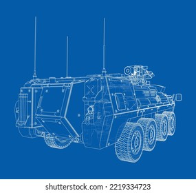Armored personnel carrier. Vector rendering of 3d. Wire-frame style. The layers of visible and invisible lines are separated
