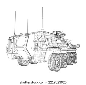 gepanzerter Personalträger. Vektorgrafik von 3d. Wire-Frame-Stil. Die Schichten sichtbarer und unsichtbarer Linien sind getrennt