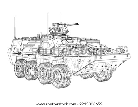 Armored personnel carrier. Vector rendering of 3d. Wire-frame style. The layers of visible and invisible lines are separated