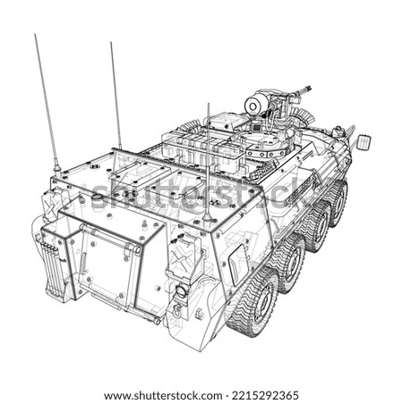 Armored personnel carrier. Vector rendering of 3d. Wire-frame style. The layers of visible and invisible lines are separated