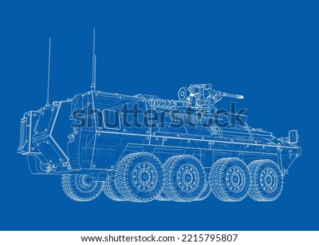 Armored personnel carrier. Vector rendering of 3d. Wire-frame style. The layers of visible and invisible lines are separated