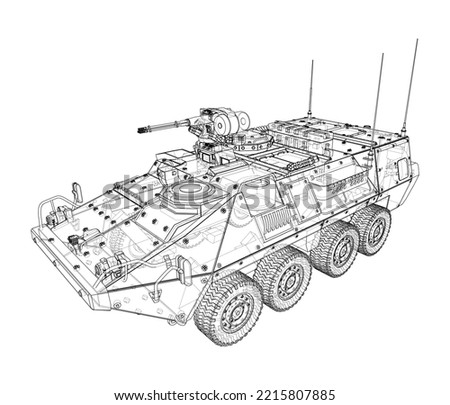 Armored personnel carrier. Vector rendering of 3d. Wire-frame style. The layers of visible and invisible lines are separated