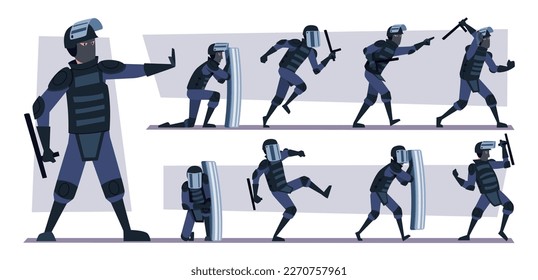 Armored police. Action squad officers fighting poses exact vector police characters