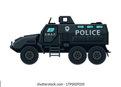 Vehículo blindado de policía, transporte de emergencia, Ilustración de vectores planos SIde View