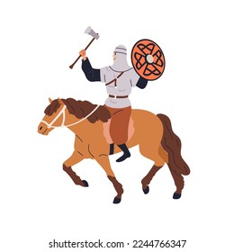 Armored Scandinavian warrior with axe and shield, riding horse. Medieval historical horseman knight in chain-mail, horseback rider with weapon. Flat vector illustration isolated on white background