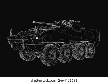 Modelo blindado de arames para transporte de tropas com renderização 3D detalhada em um fundo preto, apresentando elementos estruturais e características de veículos militares. O design realista destaca a defesa.