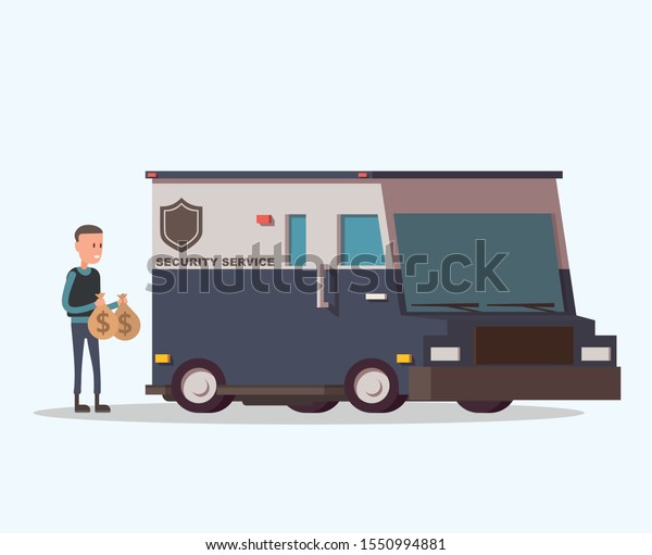 Armored truck and money collektor. Flat\
vector illustration, isolated on white\
background.