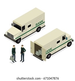 Armored Truck Set and Uniform Person Isometric View Encashment Bank Security Finance Service. Vector illustration