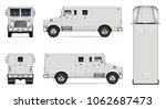 Armored truck vector mock-up. Isolated template of armor van on white. Vehicle branding mockup. Side, front, back, top view. All elements in the groups on separate layers. Easy to edit and recolor