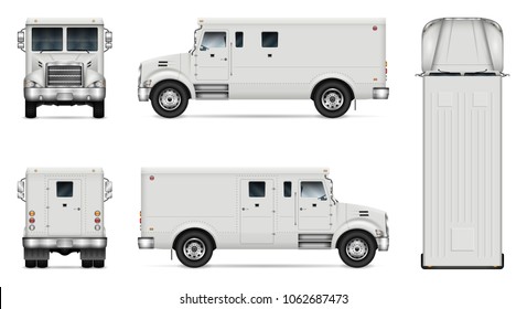 Armored truck vector mock-up. Isolated template of armor van on white. Vehicle branding mockup. Side, front, back, top view. All elements in the groups on separate layers. Easy to edit and recolor