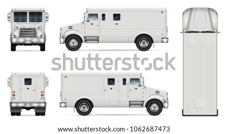 Armored truck vector mock-up. Isolated template of armor van on white. Vehicle branding mockup. Side, front, back, top view. All elements in the groups on separate layers. Easy to edit and recolor