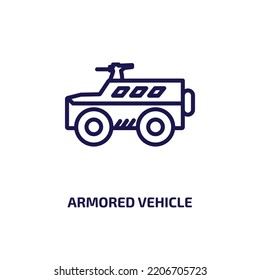 Armored Vehicle Icon From Army And War Collection. Thin Linear Armored Vehicle, Gun, Vehicle Outline Icon Isolated On White Background. Line Vector Armored Vehicle Sign, Symbol For Web And Mobile