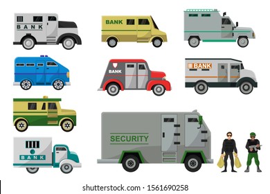 Armored vehicle vector bank cash van transport car illustration armor transportation set of truck with money security people character man in bulletproof isolated on white background