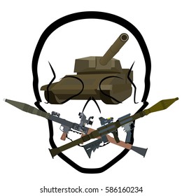 Armored vehicles on a background of a human skull and anti-tank grenades RPG. The illustration on a white background.
