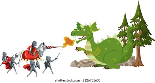 Armored warriors fighting with ancient dragon illustration