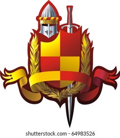Armorial composition with helmet sword, ribbon and wreath