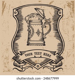 Armorial escutcheon contains image of beer mug  on vintage background. Beer label design. Vintage style.