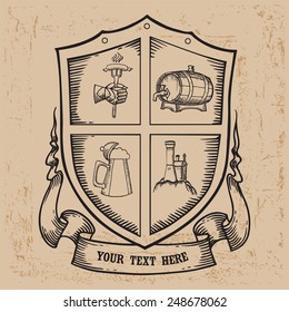 Armorial escutcheon contains images of hand with frankfurter, beer tun, hand with  beer mug and brewery on vintage background. Beer label design. Vintage style.