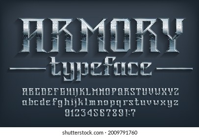 Armory alphabet font. Scratched metal vintage letters, numbers and symbols. Uppercase and lowercase. Stock vector typescript for your typography design.