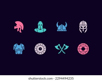 Juego de iconos de vectores de armas y armas. Armas antiguas y medievales, escudos e íconos de armadura de caballero.