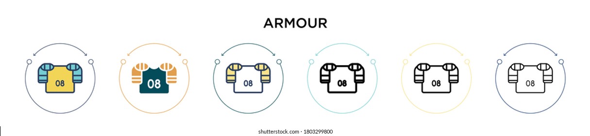 Icono de blindaje en estilo relleno, delgado, contorno y trazo. Ilustración vectorial de dos iconos vectoriales de armaduras de color y negro se puede utilizar para móviles, ui, web