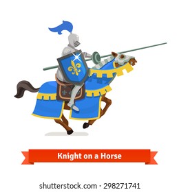 Armoured medieval knight riding on a horse with spear and shield. Flat vector illustration isolated on white background.