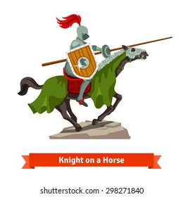 Armoured medieval knight riding on a horse with spear and shield. Flat vector illustration isolated on white background.