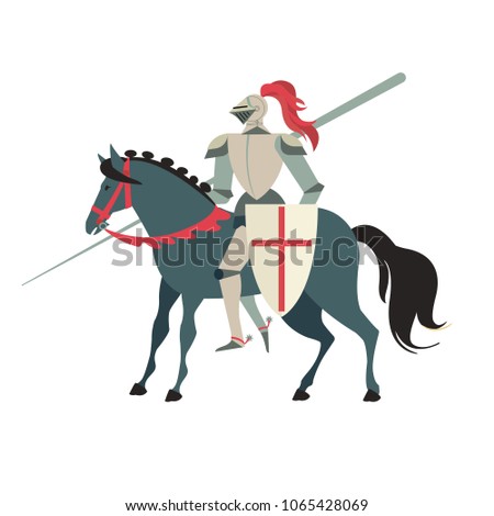 Armoured medieval knight riding on a horse with spear and shield. Flat vector illustration isolated on white background
