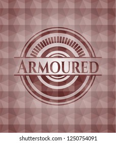 Armoured red emblem or badge with abstract geometric polygonal pattern background. Seamless.