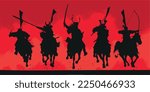 Armoured samurai warriors on horses charging and attacking. Medieval japan - cavalry. Vector isolated.