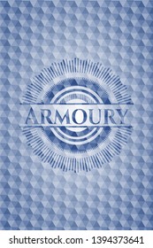 Armoury blue emblem with geometric pattern background. Vector Illustration. Detailed.