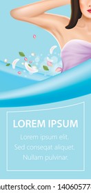 Armpit Epilation, Promo Poster. Woman Hold Arm Up and Showing Clean Underarm with Feathers and Petals. Laser Hair Removal Procedure, Spa Salon Service 3D Vector Realistic Illustration, Vertical Banner