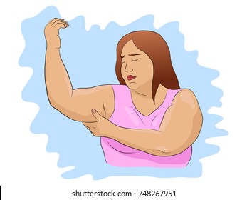 Armpit fat. Woman with obesity is holding her hand