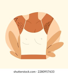 Armpit hair. Hairy female armpit.. Body positive,  love yourself, normalize female body hair, body care. Vector illustration in cartoon style. Isolated white background.