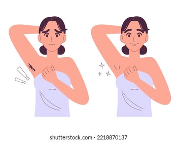 Armpit hair removal before and after. Cute woman body care. Vector illustration isolated on white background.