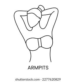 Armpit line icon in vector, illustration for hair removal services in the armpit area, young woman with arms raised up