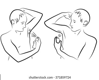 Armpit man spray underarms. Male underarm deodorant sprays. Drawn by hand scribble black and white cartoon vector. svg