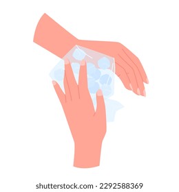 Arms apply compress with ice bag to reduce pain and swelling after injury, infographic vector illustration. Cartoon isolated hands treat with cold pack bruise with dislocation on injured wrist