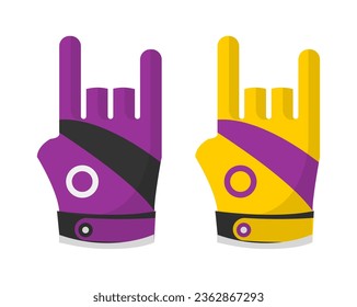 Arms in bowling gloves showing rock n roll, horns signs or symbol. Isolated hands accessories, fashionable and stylish look for players. Sports and hobby recreation activity. Vector in flat style