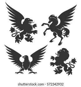 Arms coat animals isolated on white background. Heraldic symbols like lion and horse, winged griffin and eagle signs vector illustration