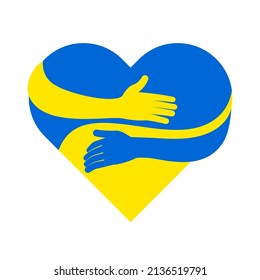 Arms in colors of Ukraine hugging heart. Support for Ukraine. Care, love and charity symbol. Embrace icon. War in Ukraine, attack from Russia. Vector illustration
