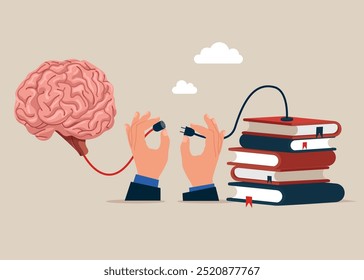 Brazos que conectan el cerebro y los libros. Leer libros, mejorar la alfabetización y las habilidades de aritmética. Ilustración vectorial plana