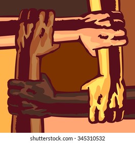 Arms different race and skin color holding and supporting each other, multi-ethnic community, melting pot, teamwork, friendship, cooperation, mutual aid, solidarity concept vector illustration