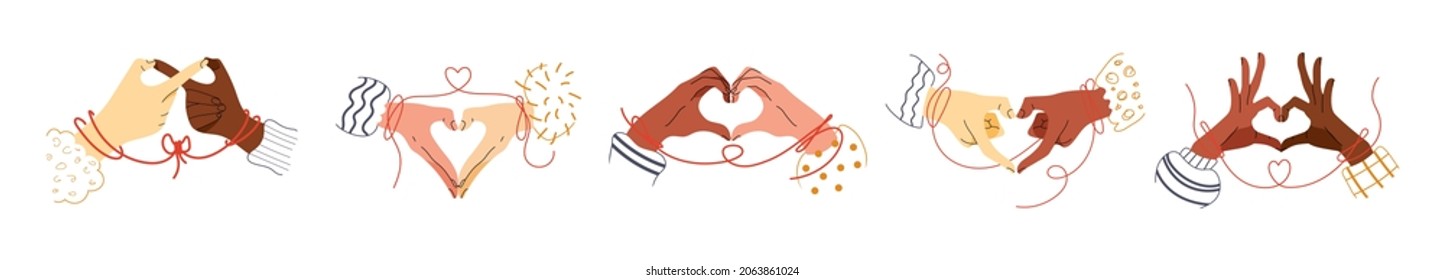 Arms of different skin color people folded in shape of heart. Set of hands with red string of destiny for Valentines Day. Collection of multinational hands of couples in love. Vector illustration.