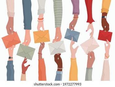 Arms of diverse people holding an email as a concept of electronic mail information and sharing online.Send and receive messages. Colleagues o co-workers o friends.Teamwork.Communication